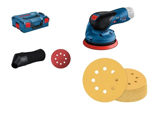 Lijadora roto-orbital Bosch Professional GEX 12V-125 en una L-BOXX con discos de lija, fotografía de producto