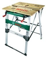 Banco de trabajo Bosch PWB 600 con tapa de madera y bastidor metálico, fotografía de producto