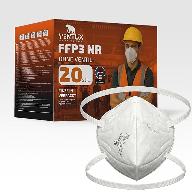 Veinte mascarillas antipolvo FFP3 envasadas individualmente, con cintas de cabeza, fotografía de producto