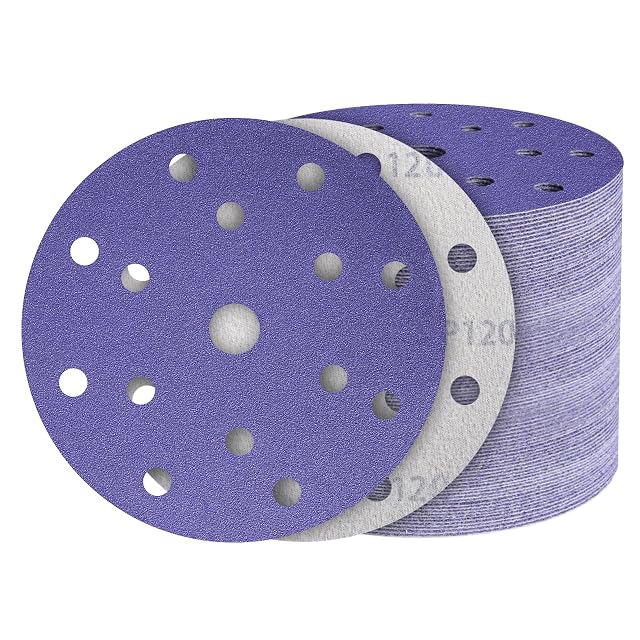 Cincuenta discos de lija de velcro de 150 mm con quince agujeros, fotografía de producto